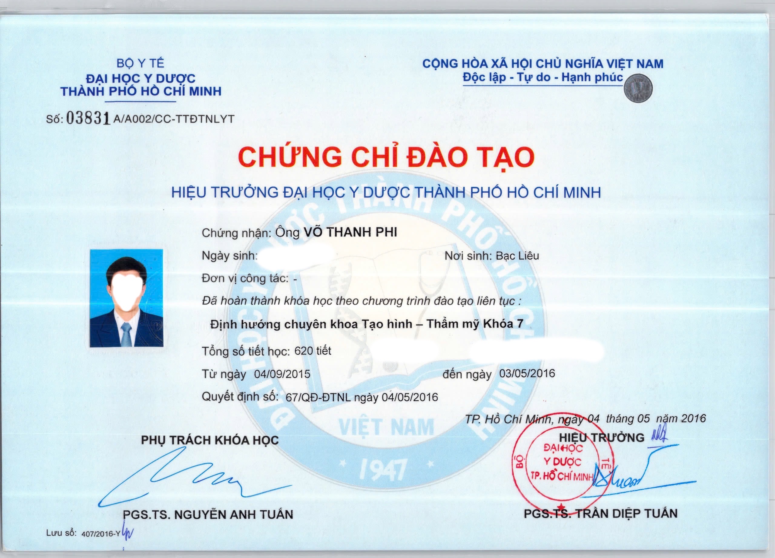 bằng Tạo hình thẩm mỹ đh Y Dược